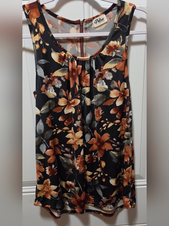 Pulse Tops - Pulse Black Floral Tank with Rust Colored Flowers